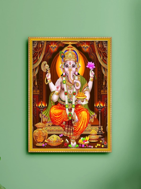 

999Store Brown & Orange Lord Ganesha Photo Painting With Frame Wall Art