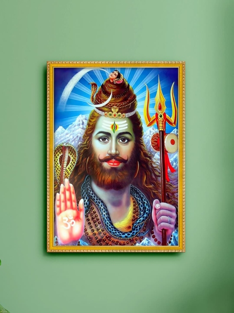 

999Store Blue & Brown Lord Shiva Photo Painting with Frame Wall Art