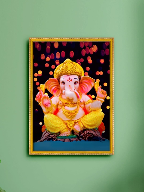 

999Store Pink & Yellow Lord Ganesha Photo Painting With Frame Wall Art