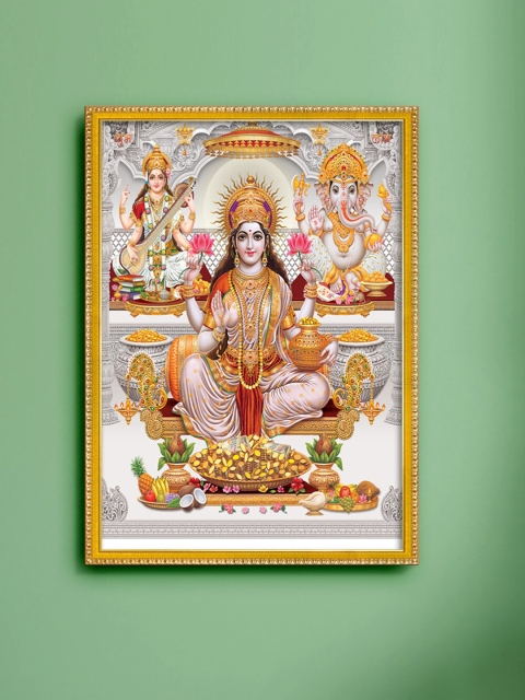 

999Store White & Yellow Lakshmi With Ganesha & Saraswati Photo Painting With Frame