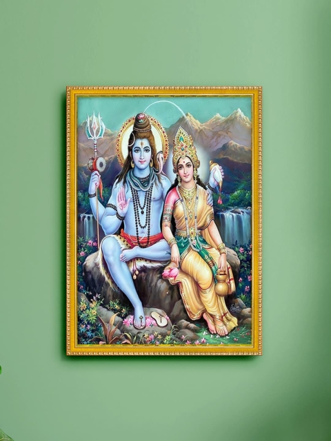 

999Store Tellow & Blue Shiva Parvati Photo Painting with Frame, Yellow