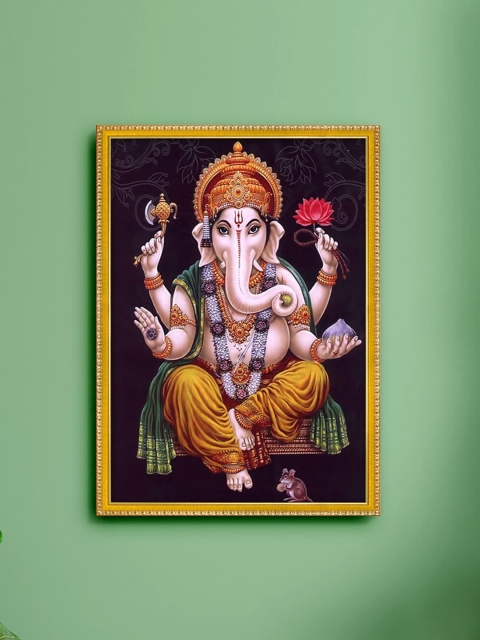 

999Store Brown & Yellow Lord Ganesha Painting Framed Wall Art