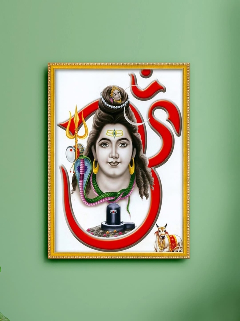 

999Store White & Gold-Toned Lord Shiva & Om Printed Painting Wall Art