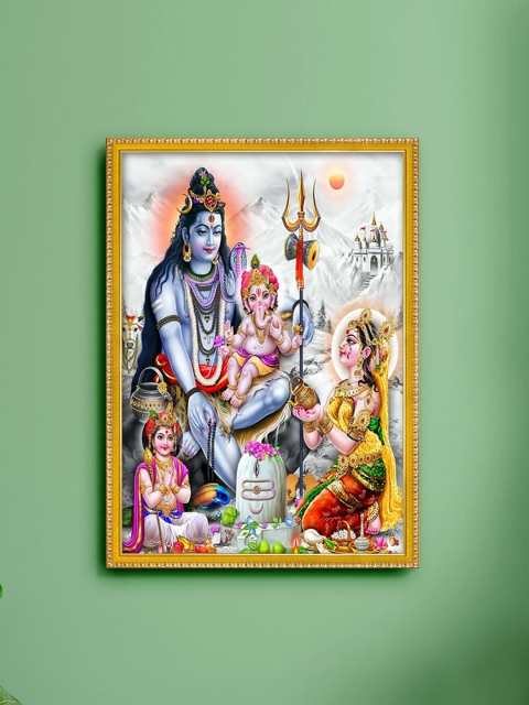 

999Store Blue & White Lord Shiva Parivar Photo Painting with Frame