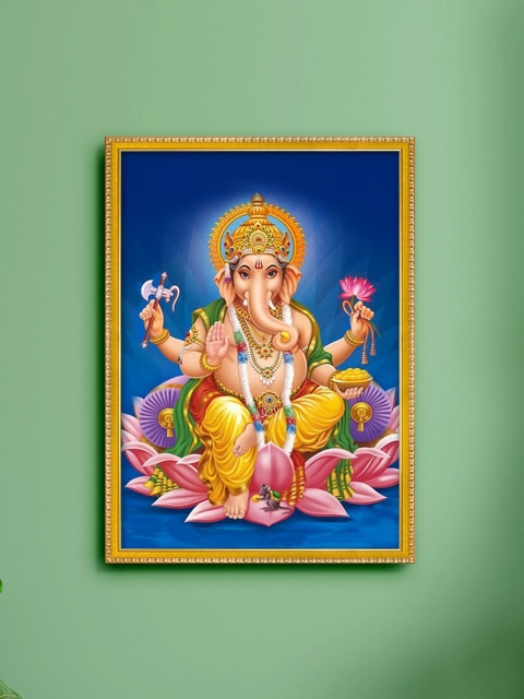 

999Store Blue & Gold-Toned Lord Ganesha Printed Painting Wall Art