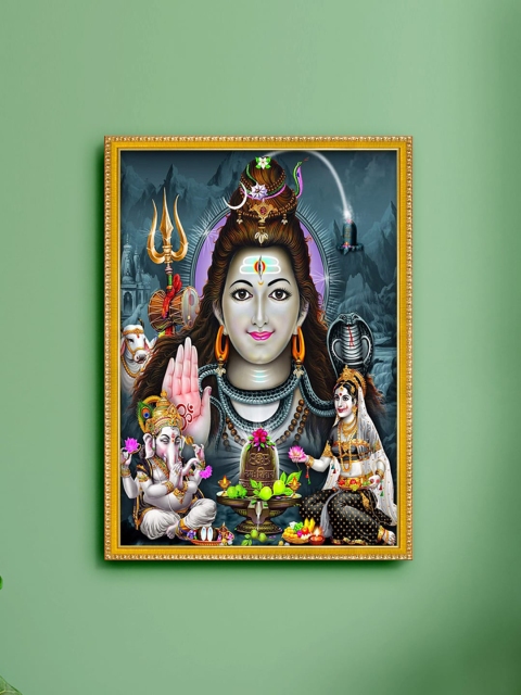 

999Store Multi-Coloured Lord Shiva Parvati & Ganesha Photo Painting Wall Art