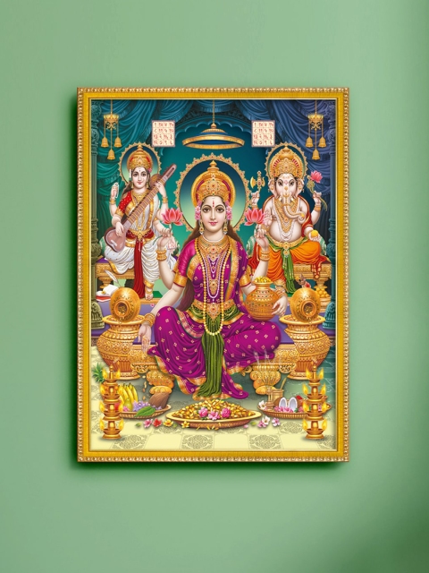 

999Store Multicolour Laxmi With Ganesha & Saraswati Painting Framed Wall Art, Multi