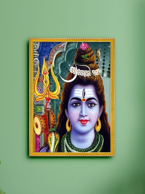 

999Store Yellow & Blue Shiva Photo Painting with Frame