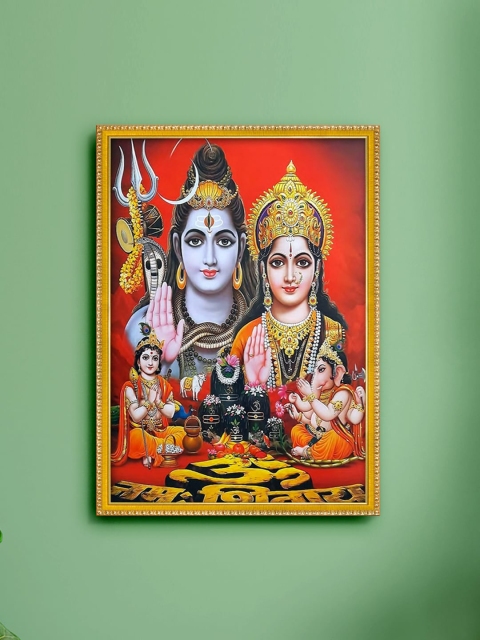 

999Store Red & Gold-Toned Lord Shiva Parivar Painting Wall Art