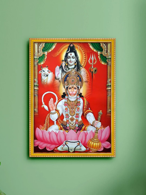 

999Store Red & Gold-Toned Hanuman Ji & Shiva Printed Painting Wall Art