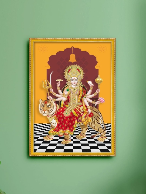

999Store Yellow & Brown Sherawali Mata Photo Painting Wall Art
