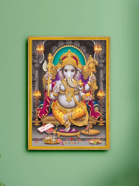 

999Store Gold-Toned & Grey Lord Ganesha Painting Framed Wall Art