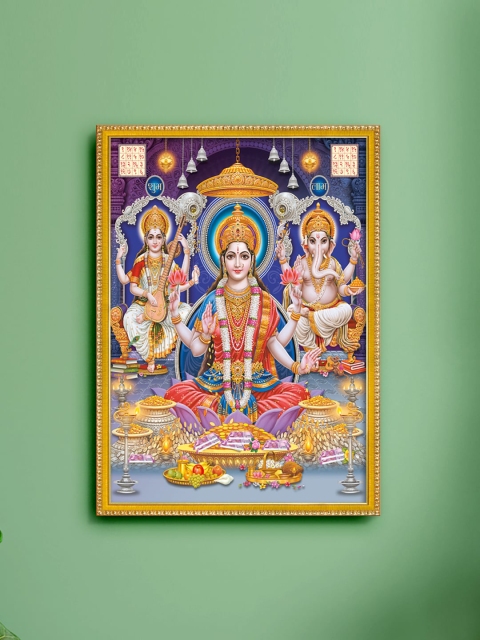 

999Store Blue & Gold-Toned Lakshmi With Ganesha and Saraswati Photo Painting Wall Art