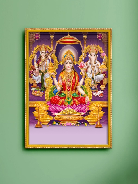 

999Store Red & Gold-Toned Laxmi With Ganesha & Saraswati Painting Framed Wall Art
