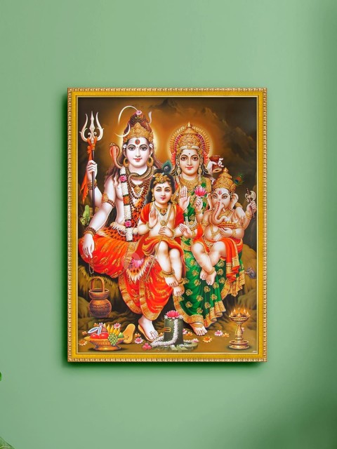 

999Store Brown & Gold-Toned Lord Shiva Parivar Printed Painting Wall Art