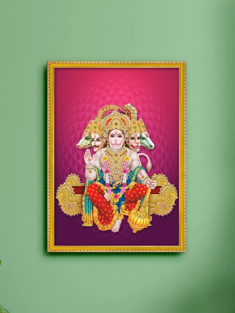 

999Store Red & Gold Toned Panchmukhi Hanuman ji Framed Wall Art