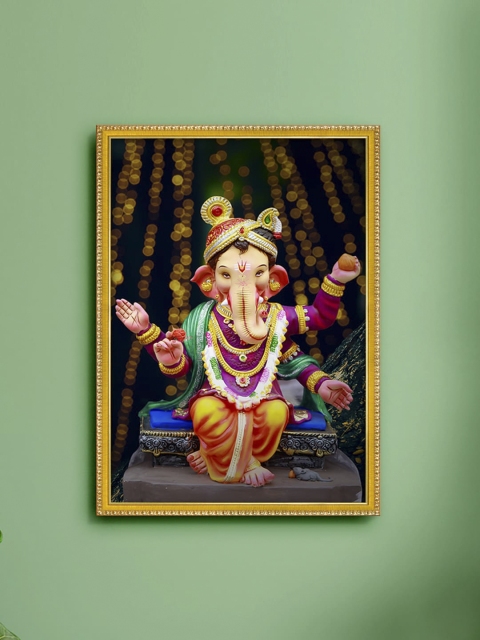 

999Store Gold-Toned & Orange Lord Ganesha Painting Framed Wall Art