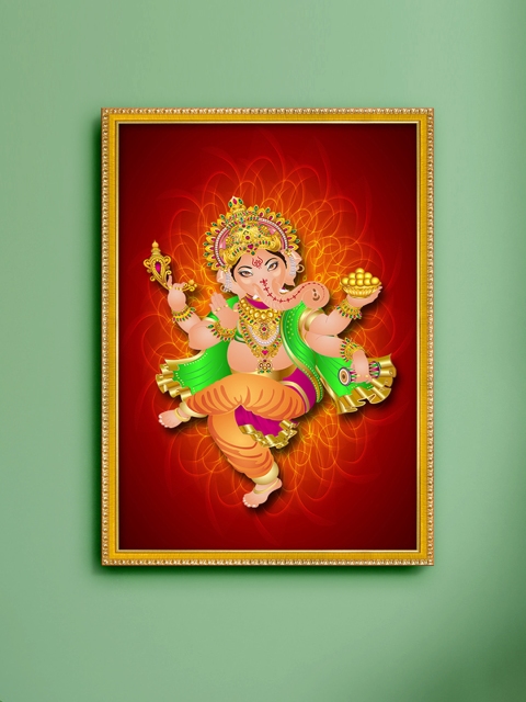 

999Store Red & Gold-Toned Lord Ganesha Painting Framed Wall Art