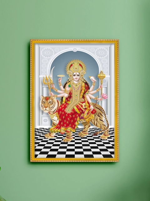 

999Store White & Gold-Toned Sherawali Mata Printed Painting Wall Art