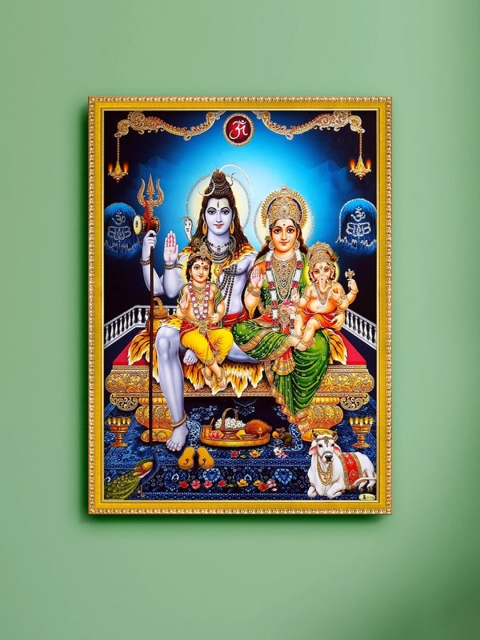 

999Store Blue & Grey Lord Shiva Parivar Photo Painting With Frame Wall Art