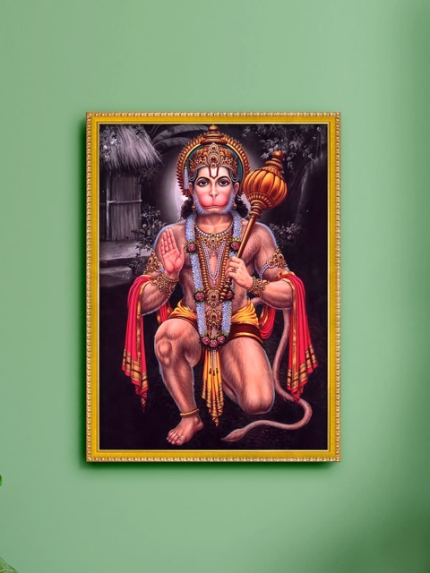 

999Store Brown & Red Hanuman ji Photo Painting With Frame Wall Art