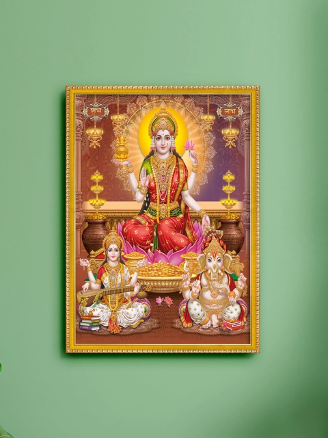 

999Store Red & Gold Toned Lakshmi With Ganesha & Saraswati Photo Painting With Frame