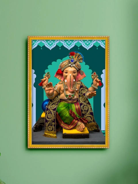 

999Store Green & Yellow Lord Ganesha Photo Painting with Frame