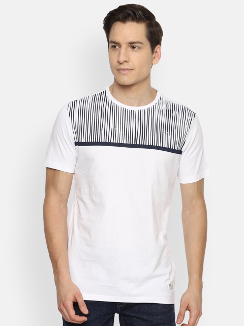 

VAN HEUSEN DENIM LABS Men White Striped Pure Cotton T-shirt