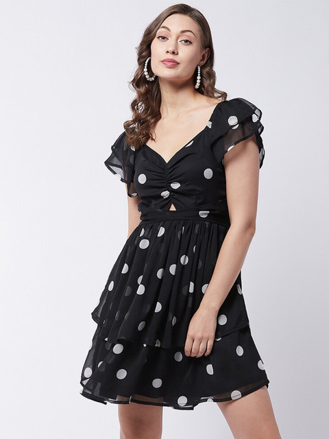 

MAGRE Black & White Polka Dots Printed Fit & Flare Dress