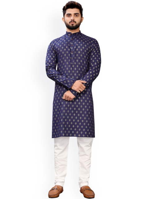 

Viva N Diva Men Navy Blue Ethnic Motifs Printed Kurta with Churidar