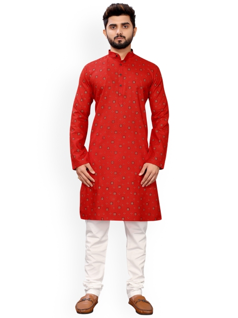 

Viva N Diva Men Red & White Ethnic Motifs Printed Kurta with Pyjamas