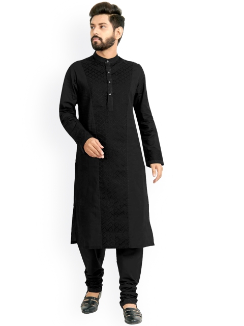 

Viva N Diva Men Black Ethnic Motifs Embroidered Panelled Kurta with Churidar