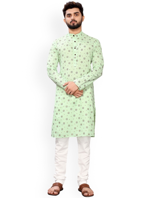 

Viva N Diva Men Green & White Ethnic Motifs Printed Kurta With Pyjamas