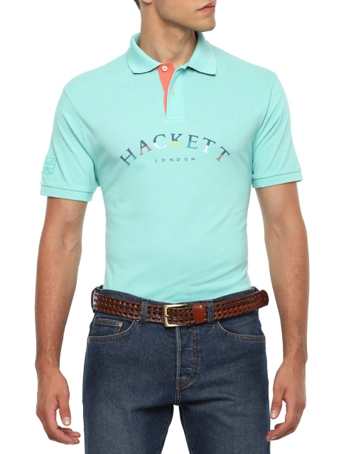

HACKETT LONDON Men Sea Green Typography Printed Polo Collar T-shirt