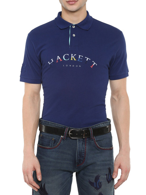 

HACKETT LONDON Men Blue Typography Cotton Polo Collar T-shirt
