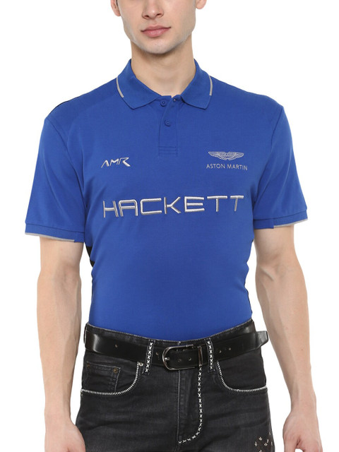 

HACKETT LONDON Men Blue & Black Brand Logo Colourblocked Polo Collar T-shirt