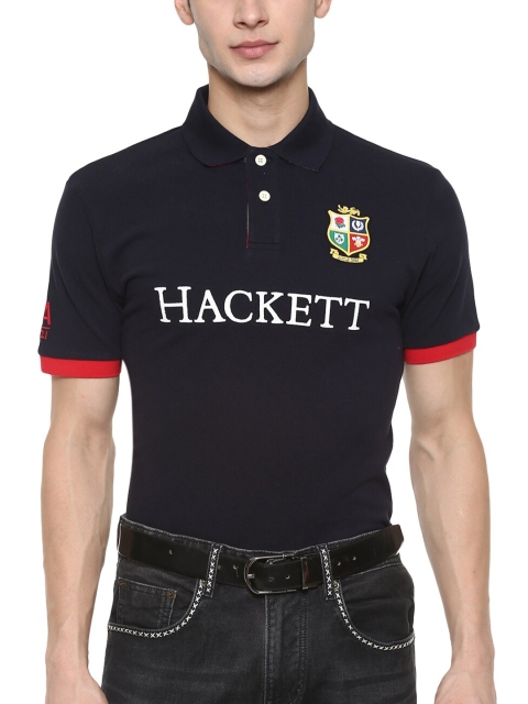 

HACKETT LONDON Men Navy Blue Typography Printed Polo Collar T-shirt