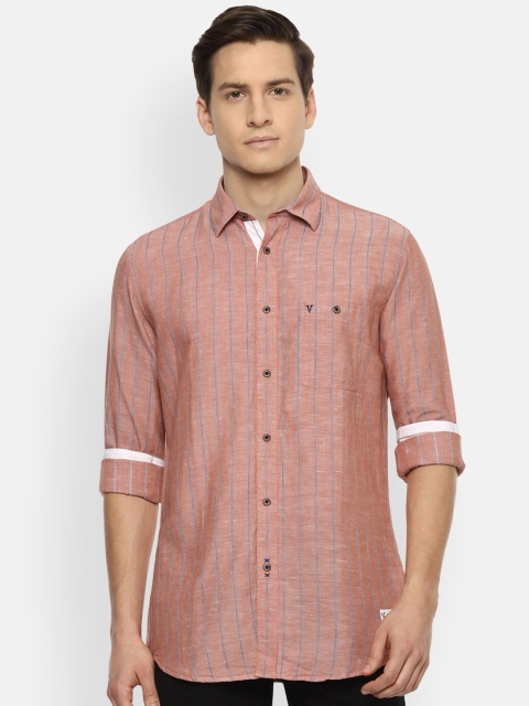 

VAN HEUSEN DENIM LABS Men Pink Slim Fit Striped Cotton Linen Casual Shirt