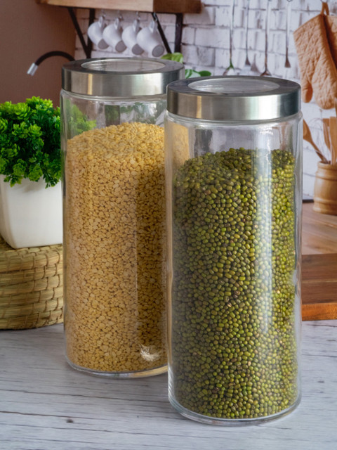 

GOODHOMES Set Of 2 Transparent & Silver-Toned Glass Storage Jar with Lid
