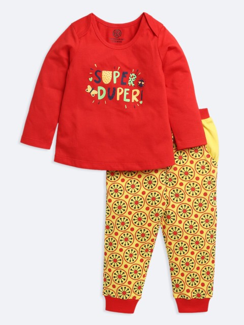 

TAMBOURINE Girls Red & Yellow Printed Pure Cotton Top with Pyjamas