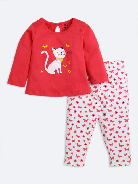 

TAMBOURINE Girls Coral & White Printed Pure Cotton Top with Pyjamas