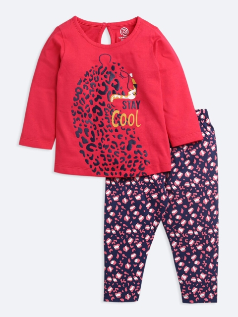 

TAMBOURINE Girls Fuchsia & Navy Blue Printed T-shirt with Pyjamas