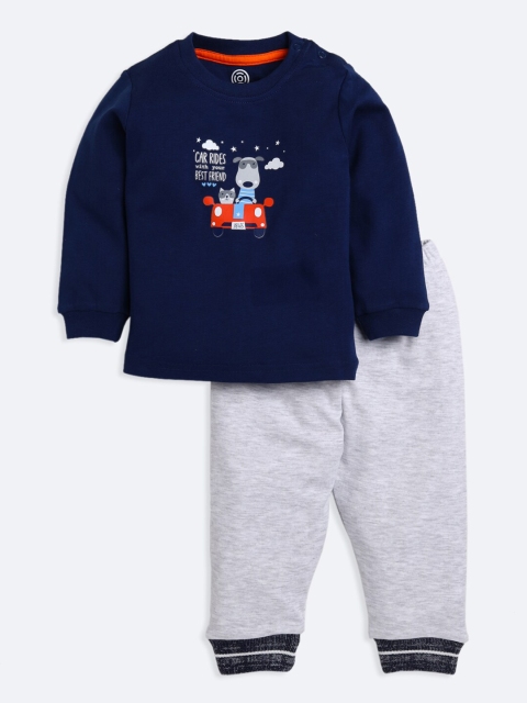 

TAMBOURINE Boys Navy Blue & Grey Printed Pure Cotton T-shirt with Pyjamas