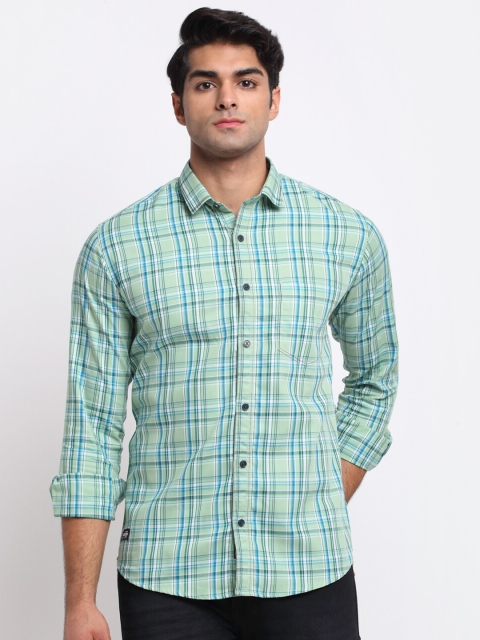 

La Mode Men Sea Green & Blue Slim Fit Tartan Checks Checked Pure Cotton Casual Shirt