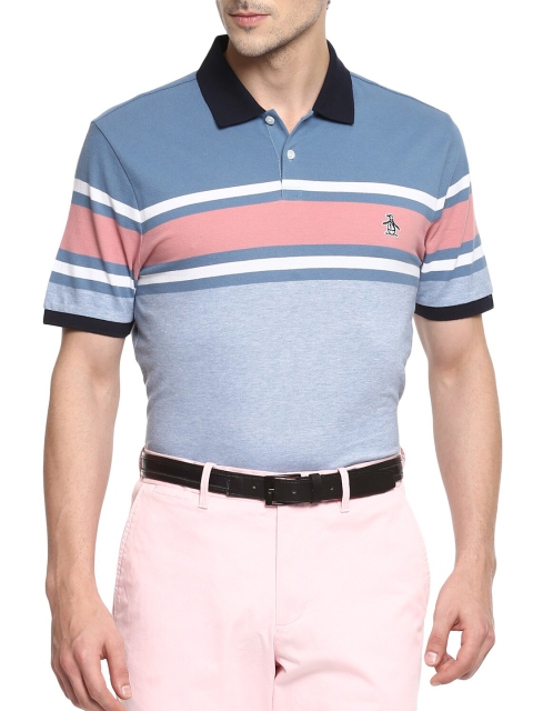 

Original Penguin Men Blue Striped Polo Collar T-shirt