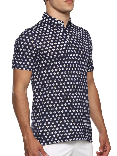 

Ted Baker Men Navy Blue Printed Peter Pan Collar Pockets T-shirt