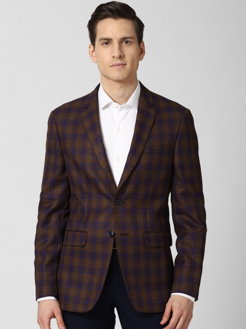 

Peter England Elite Men Brown & Blue Checked Slim-Fit Single Breasted Casual Blazer