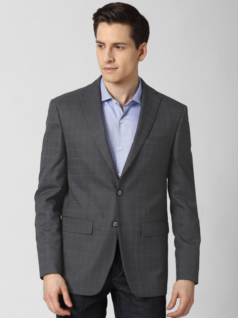 

Peter England Elite Men Grey Checked Single Breasted Slim Fit Formal Blazer