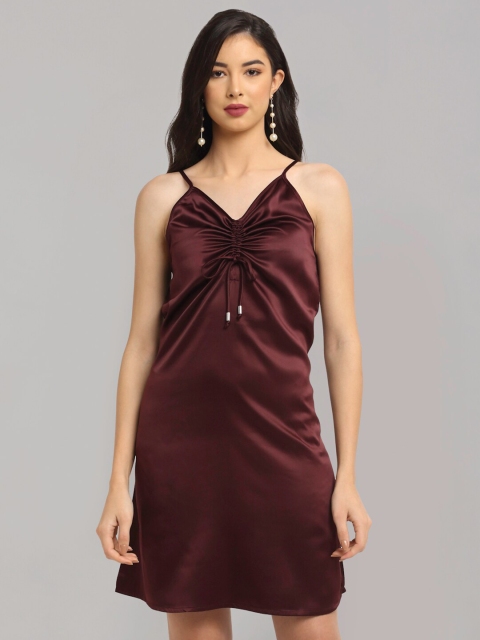 

NEUDIS Burgundy Ruched Detail Satin Sheath Midi Dress