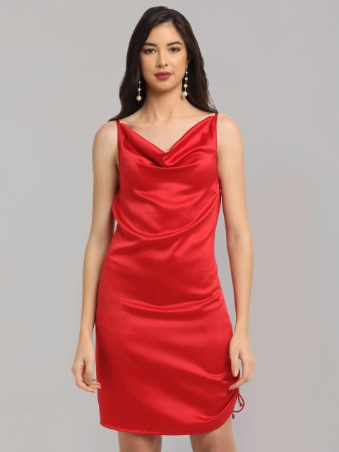 

NEUDIS Red Cowl Neck Satin Sheath Dress